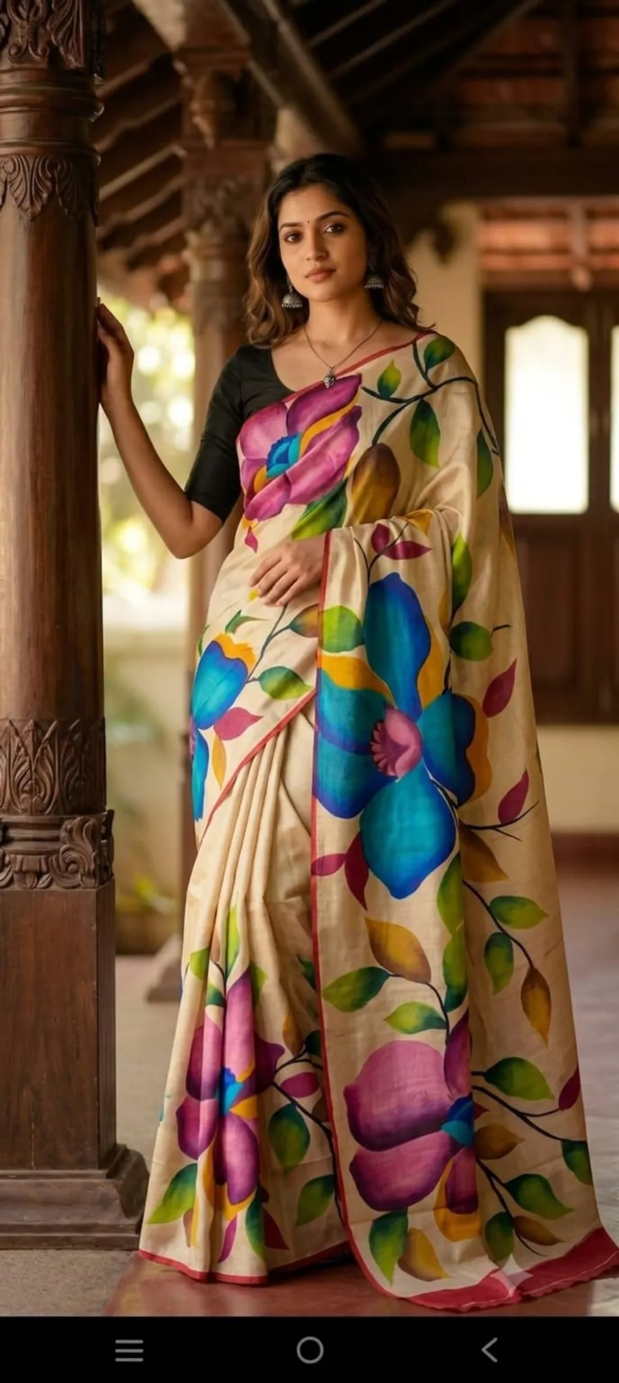 Hand-Painted Bishnupur Silk Saree with Big Floral Design – Latest Designer Collection
